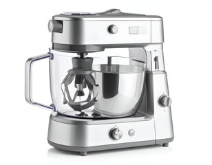 Powerful cylindrical steel stand mixer, a modern kitchen appliance with robust metallic base and versatile attachments, perfect for baking and culinary tasks, isolated on white.