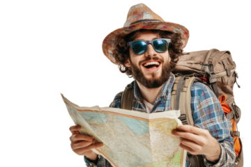 Smiling male hiker with sunglasses and map

