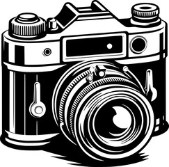 Minimalist black and white vector icon of an old camera. Clean, isolated, scalable, perfect for stickers, logos, or digital use.