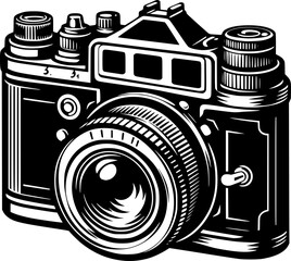 Minimalist black and white vector icon of an old camera. Clean, isolated, scalable, perfect for stickers, logos, or digital use.