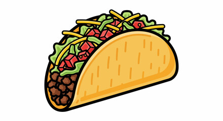 A colorful cartoon illustration of a classic crunchy hard shell taco filled with fresh lettuce, tomatoes, and cheese.