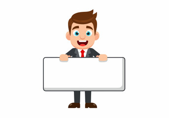 A happy cartoon businessman in a suit holding a blank white sign.