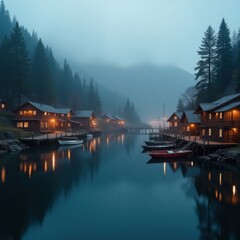 Fototapeta premium Misty Morning Village on a Serene Lake
