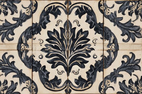 Floral design on ceramic tiles featuring ornate painted leaves and flourishes in dark blue on a light background
