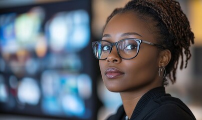 African American female IT professional using AI-powered tools to analyze cybersecurity threats, showcasing her expertise in digital data security, Generative AI