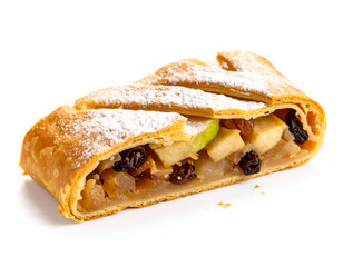 Delectable slice of traditional apple strudel with flaky pastry, sweet apple and raisin filling, isolated on a white background.
