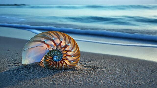 A beautifully detailed nautilus shell resting on a sandy beach with gentle waves in the background