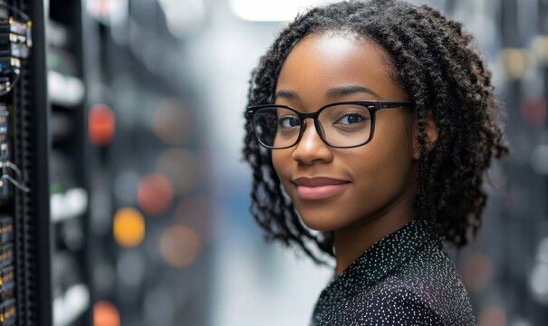 African American female IT professional using AI-powered tools to analyze cybersecurity threats, showcasing her expertise in digital data security, Generative AI
