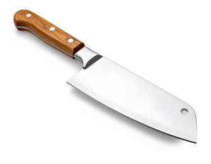 Heavy-duty kitchen cleaver with a sharp stainless steel blade and a classic riveted wooden handle, isolated on a white background.