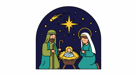 Obraz premium Cartoon Nativity Scene Depicting Holy Family and Star.