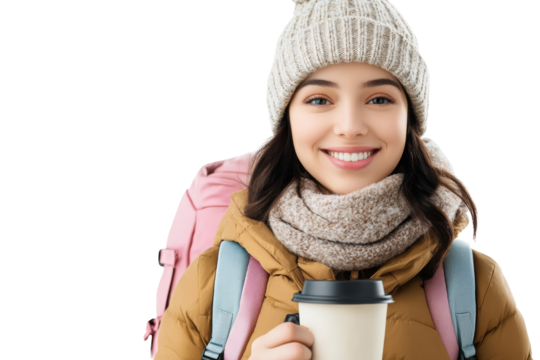 Female hiker holding cup wearing winter gear
