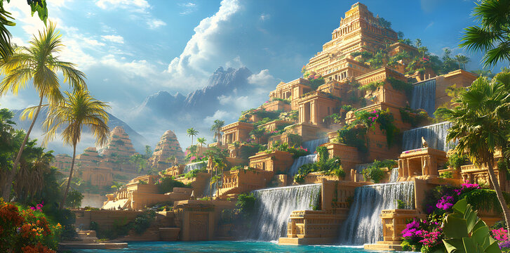 The legendary Hanging Gardens of Babylon, lush greenery draping from massive terraces, one of the Seven Wonders of the World, ancient architectural concept illustration.