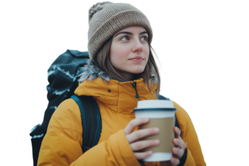 Adventure traveler with beanie holding coffee