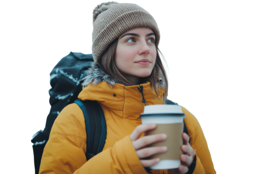 Adventure traveler with beanie holding coffee