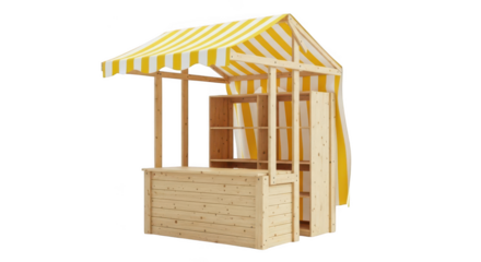 Wooden market stall with yellow striped awning isolated on transparent background