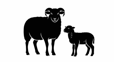Silhouette of a large ram with impressive curved horns standing beside a small lamb.