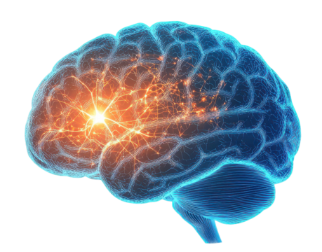Glowing brain with neural web depicting advanced thinking and cognitive science concept.