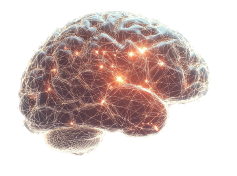 Brightly lit anatomical brain with digital connections visualizing consciousness and intellect.