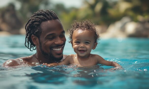 Joyful African American father and his toddler son learning to swim in a swimming pool while on vacation, capturing a bonding moment in water. Father's Day concept with copy space, Generative AI