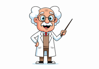 Cheerful Cartoon Elderly Scientist with Wild White Hair and Pointer.