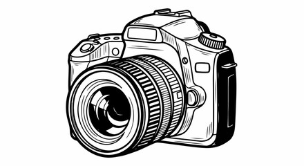 Detailed Sketch of a Modern Digital SLR Camera with a Large Lens.