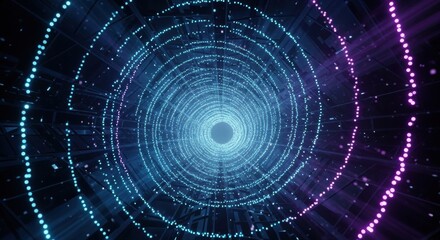 Obraz premium Abstract Digital Tunnel Glowing Neon Circles and Data Streams in Cyberspace