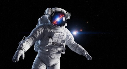 Astronaut in White Suit Floating in Space with Starry Background and Bright Light