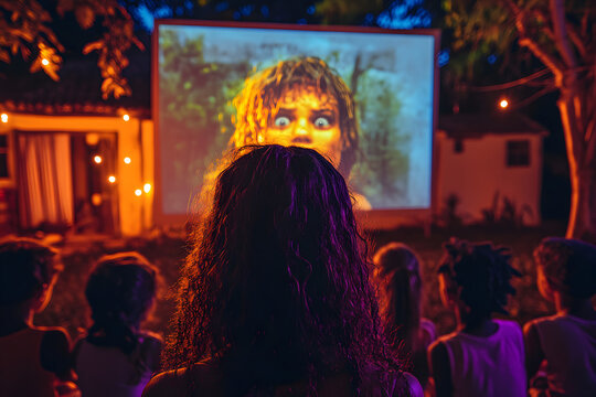 Group of children in costumes enjoying outdoor movie night, scary Halloween horror film on projection screen, festive autumn atmosphere with pumpkins and spooky décor.