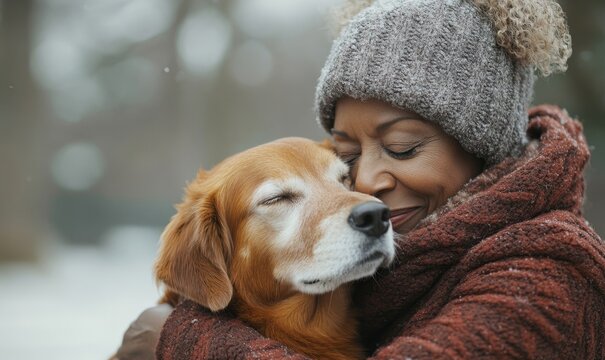 Senior African American woman cuddling her dog in the park. Elderly black grandmother hugging her dog outdoors in winter. Promoting intergenerational bonding and outdoor nature, Generative AI