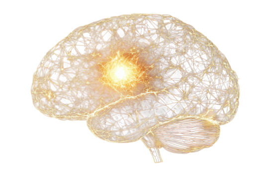 Glowing digital brain depicting mental processes, neural links, and intelligence on transparent background.