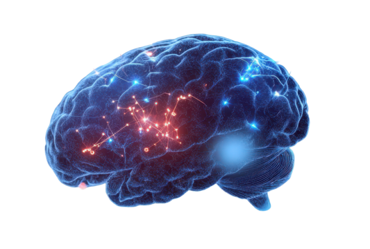 Shining anatomical brain with glowing lines showing connections and intelligence on transparent background.