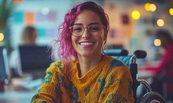 Happy disabled lesbian woman in a wheelchair working with a diverse team of colleagues in a creative and inclusive office. Homosexual woman with disability and cropped pink hair, Generative AI - Powered by Adobe