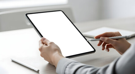 Modern woman using digital tablet stylus blank screen mockup design technology app interface workspace productivity