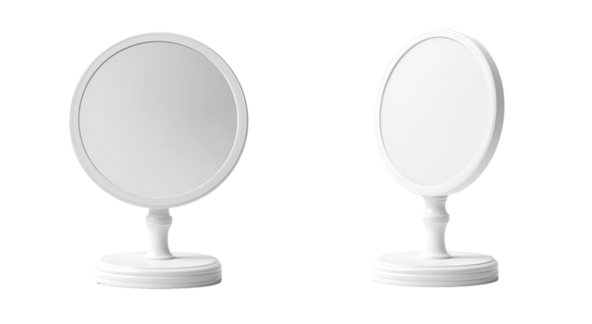 Two identical, white, oval hand mirrors on stands.  Simple, classic design.  Empty reflective surfaces