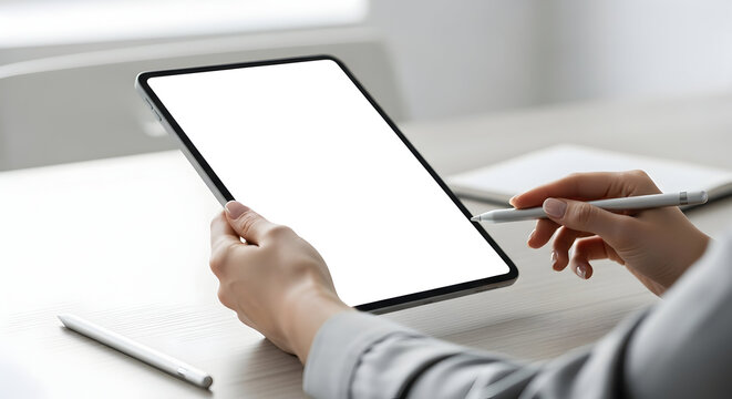 Modern woman using digital tablet stylus blank screen mockup design technology app interface workspace productivity