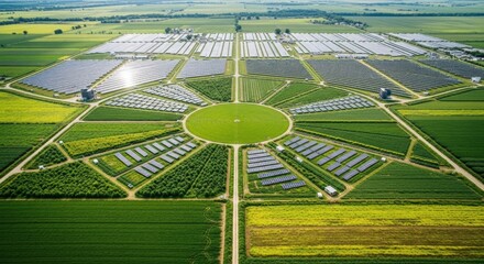 Fototapeta premium Aerial View of Solar Farm Integrated with Agriculture Sustainable Energy and Food Production
