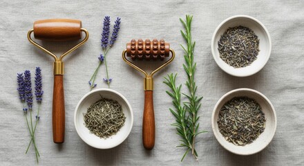 Natural skincare essentials elegant facial massage rollers, aromatic lavender, fresh rosemary, and dried botanicals for a holistic beauty regimen.