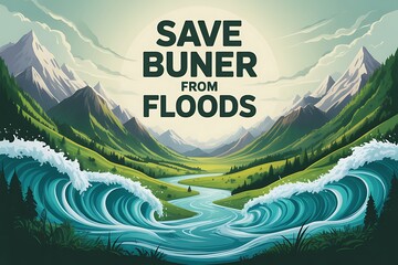 Stunning mountain valley with powerful river surges and urgent message to save community from devastating floods