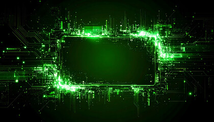 Abstract Green Circuit Board Frame Futuristic Tech Background with Digital Elements