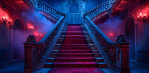 Fototapeta premium Atmospheric Gothic castle staircase interior in red and blue hues, empty horror background for vampire legends, Halloween themes, or spooky wide banner designs.