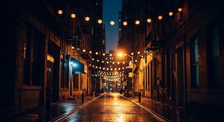 Fototapeta premium Atmospheric Urban Alleyway at Dusk Adorned with Warm String Lights, Reflecting on Wet Pavement, Creating a Charming and Inviting Evening Street Scene