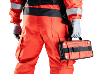 Rescue worker in red gear holding medical bag
