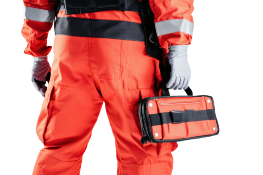 Rescue worker in red gear holding medical bag
