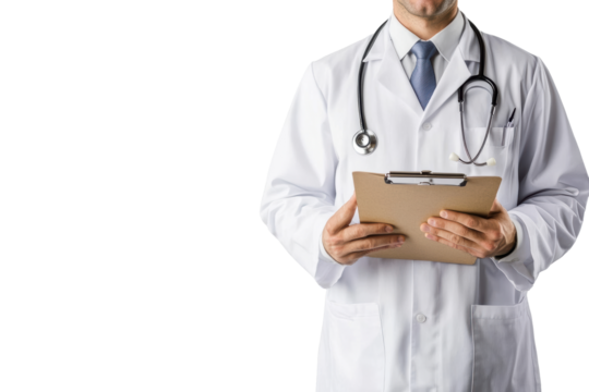 Male doctor holding clipboard medical portrait

