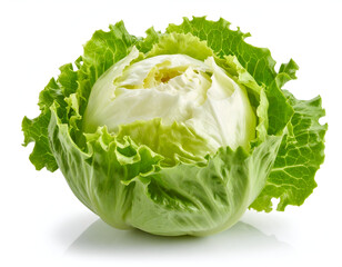 Crisp Iceberg Lettuce Head, Fresh and Healthy Vegetable Isolated on White Background