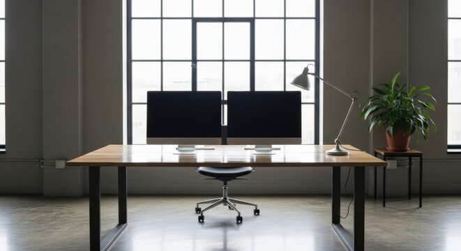 Modern Minimalist Office Workspace Sleek Design with Dual Monitors and Natural Light
