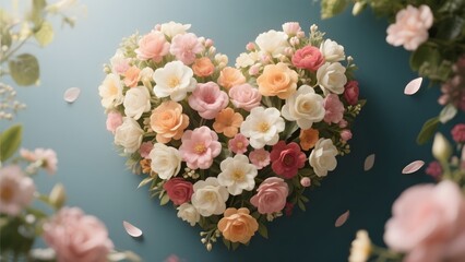 Heart-Shaped Bouquet of Pastel Flowers with Petals Floating Around