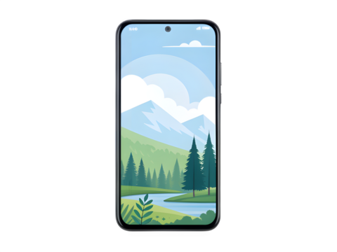 Modern smartphone displaying a serene mountain landscape with a river and pine trees