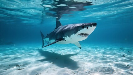 Fototapeta premium Great White Shark Swimming in Clear Blue Waters