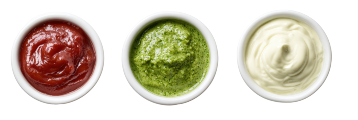Three small white bowls holding different sauces